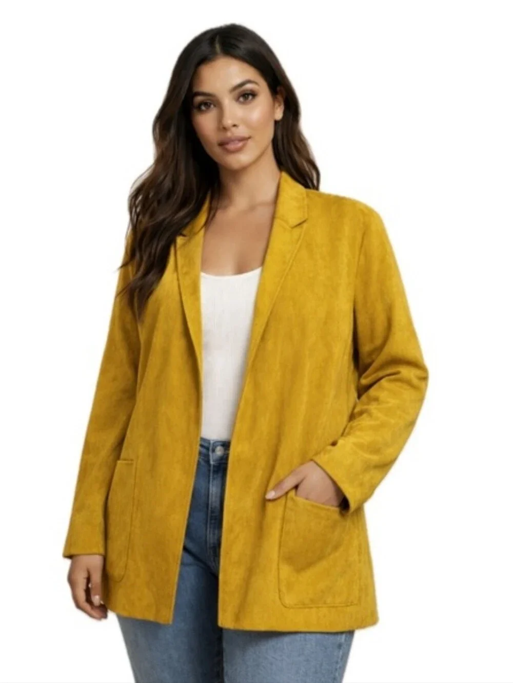 Premise Faux Leather Suede Open Front Blazer Mustard Seed Golden Yellow Small